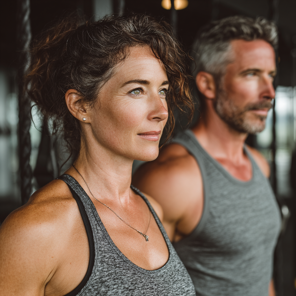 Active middle-aged woman and man in their late 40s doing strength training exercises together in modern fitness studio with natural lighting