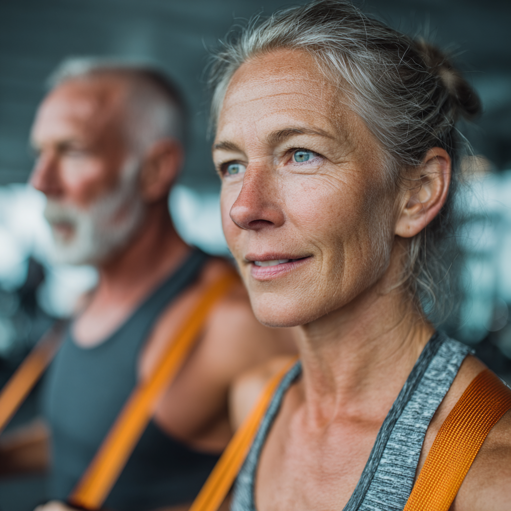 Fit mature couple in their early 50s exercising with resistance bands in bright gym environment showing determination and healthy lifestyle