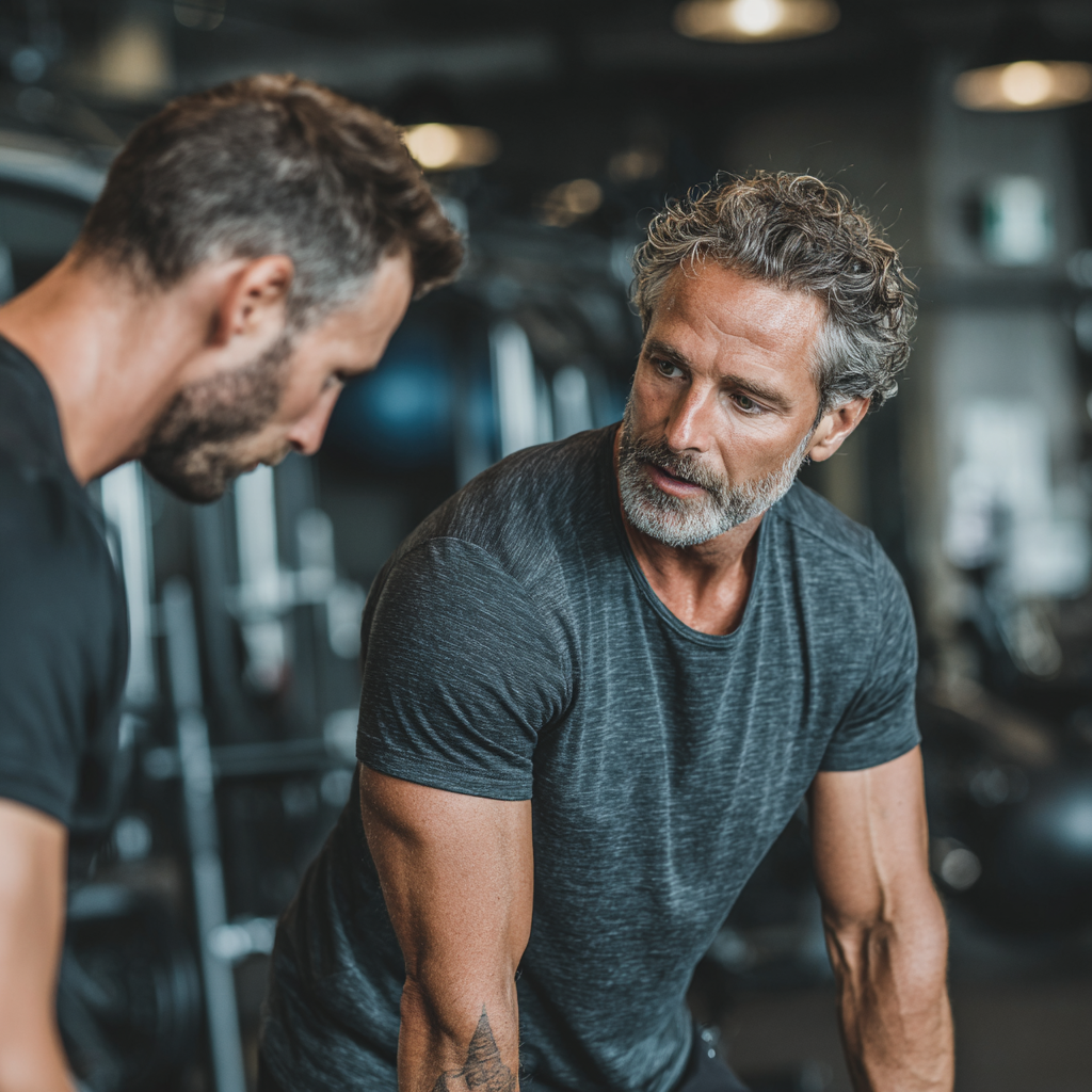 Professional fitness trainer in late 40s demonstrating proper exercise form to mature client in well-equipped training facility showing attention to safety and technique